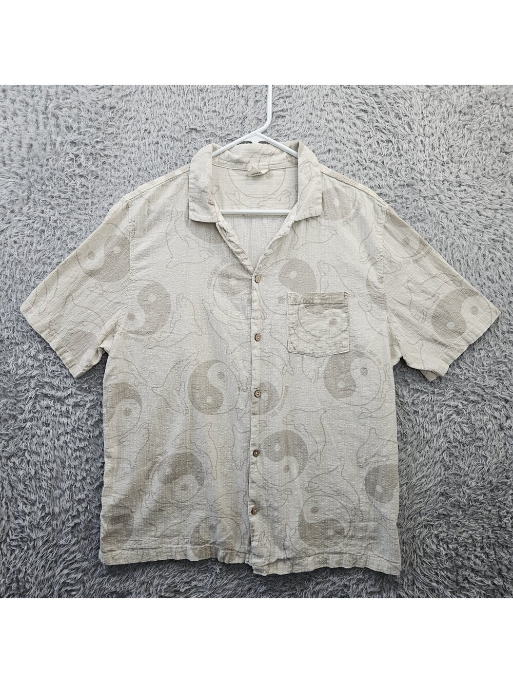 SEA SHEPHERD Shirt Men XL Beige Camp Hawaiian Dolphins Yin Yang All Over Print